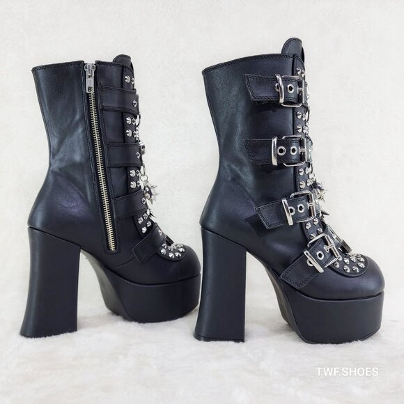 Demonia Charade Mace Charms Platform Chunky Heel Goth Mid Calf Boots - Picture 5 of 13